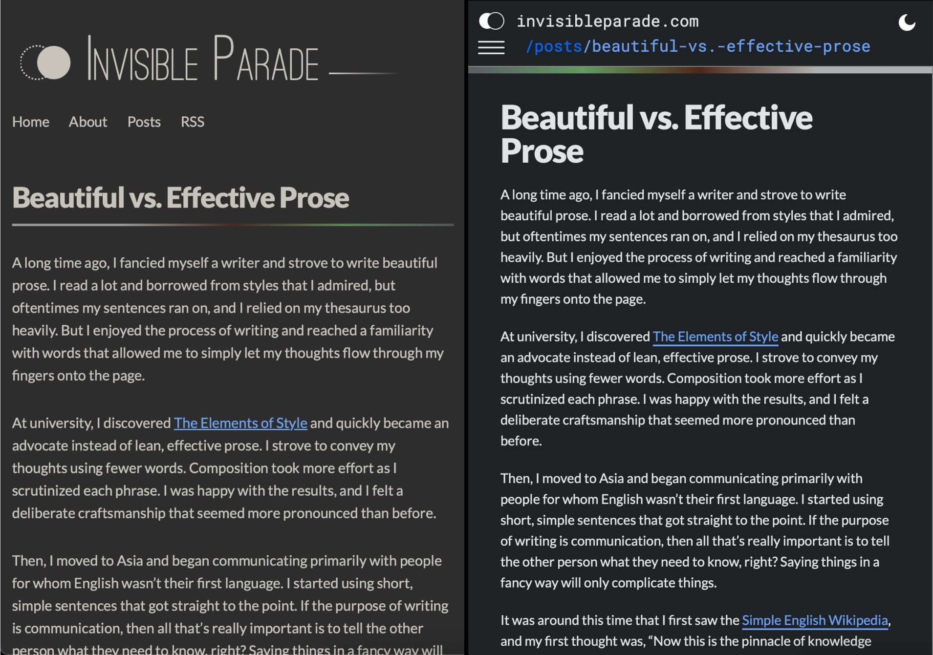 A post page in dark mode. Old design on the left, new design on the right.